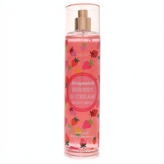 Invigorating Aeropostale Berries & Cream 8 oz body mist. Clear bottle, pink liquid, vibrant strawberry and berry print, elegant rose gold sprayer.
