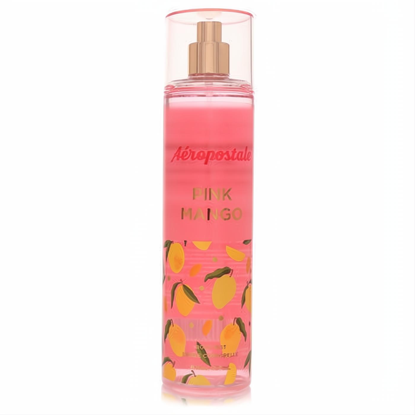Indulge in Aeropostale Pink Mango 8 oz body mist. Clear bottle, vibrant pink fragrance, rose gold pump, and playful mango art.