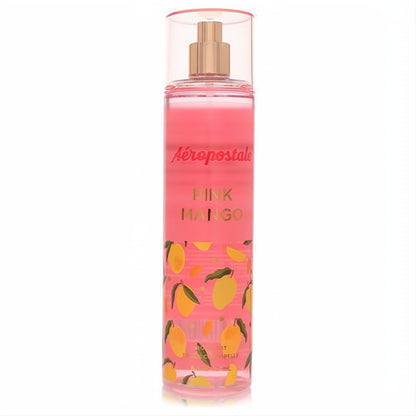 Indulge in Aeropostale Pink Mango 8 oz body mist. Clear bottle, vibrant pink fragrance, rose gold pump, and playful mango art.