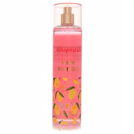 Indulge in Aeropostale Pink Mango 8 oz body mist. Clear bottle, vibrant pink fragrance, rose gold pump, and playful mango art.