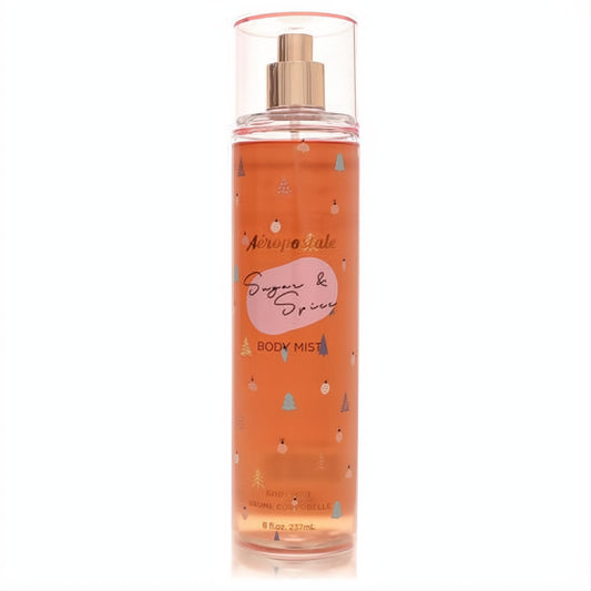 Aeropostale Sugar & Spice 8 oz body mist. Clear bottle, warm amber liquid, pink cap, and charming festive tree design.