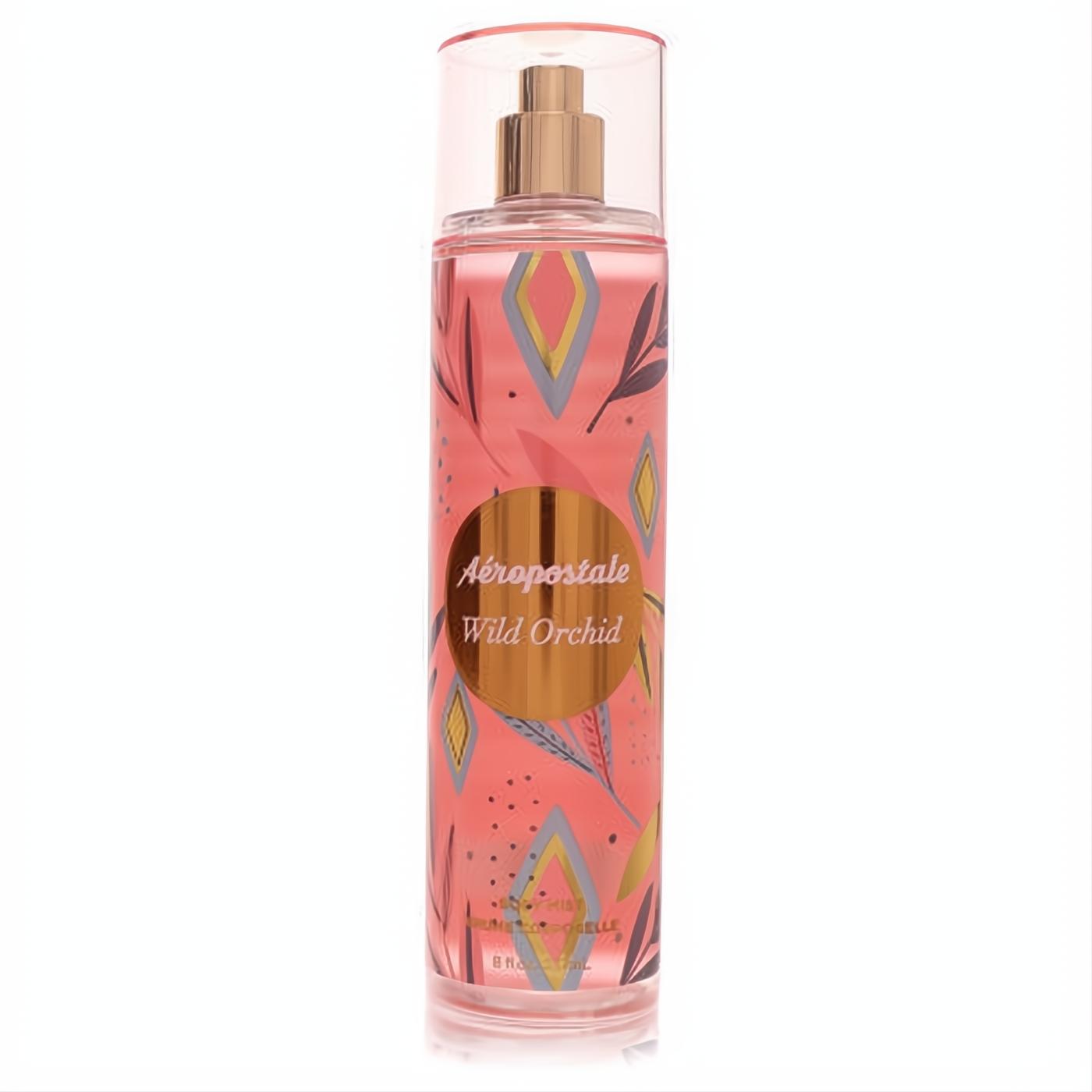 Aeropostale Wild Orchid 8 oz body mist. Clear bottle, rose gold sprayer, vibrant pink, gold, and blue bohemian design.