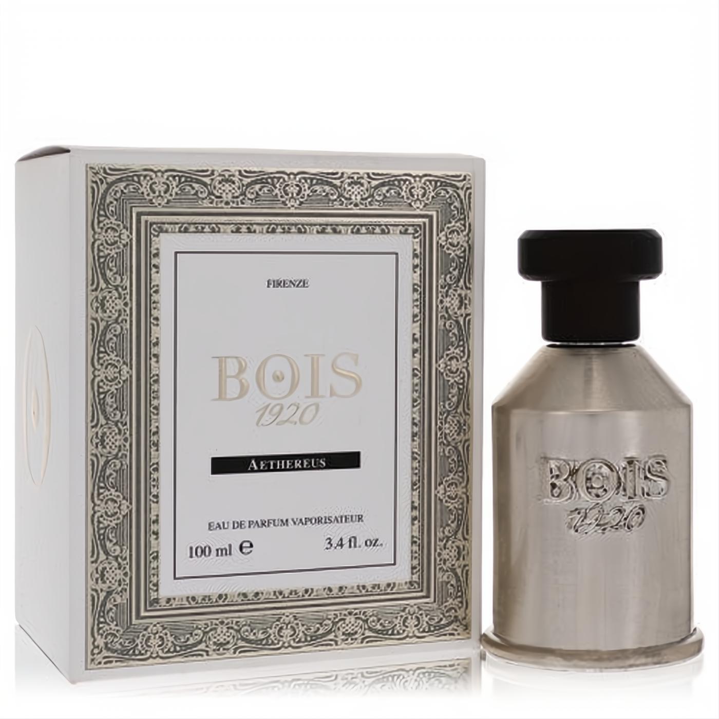 Luxurious Aethereus by Bois 1920 3.4 oz EDP. Elegant silver metallic bottle, black cap, and ornate white box.
