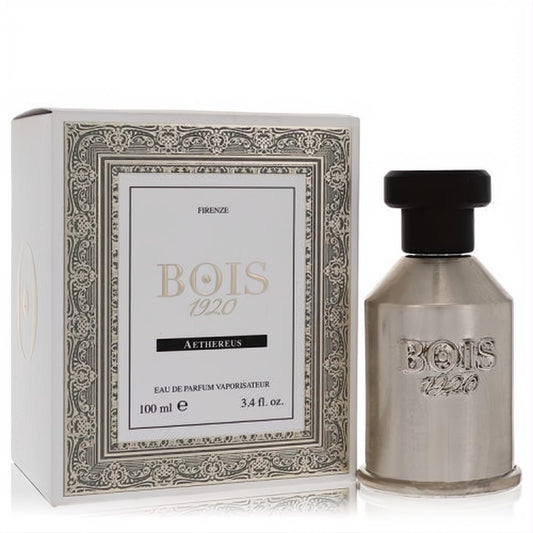 Luxurious Aethereus by Bois 1920 3.4 oz EDP. Elegant silver metallic bottle, black cap, and ornate white box.
