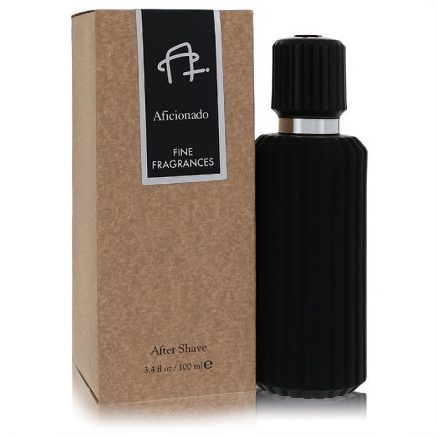 Sophisticated Aficionado men's after shave, 3.4 oz. Sleek black ribbed bottle with silver trim and elegant kraft box.