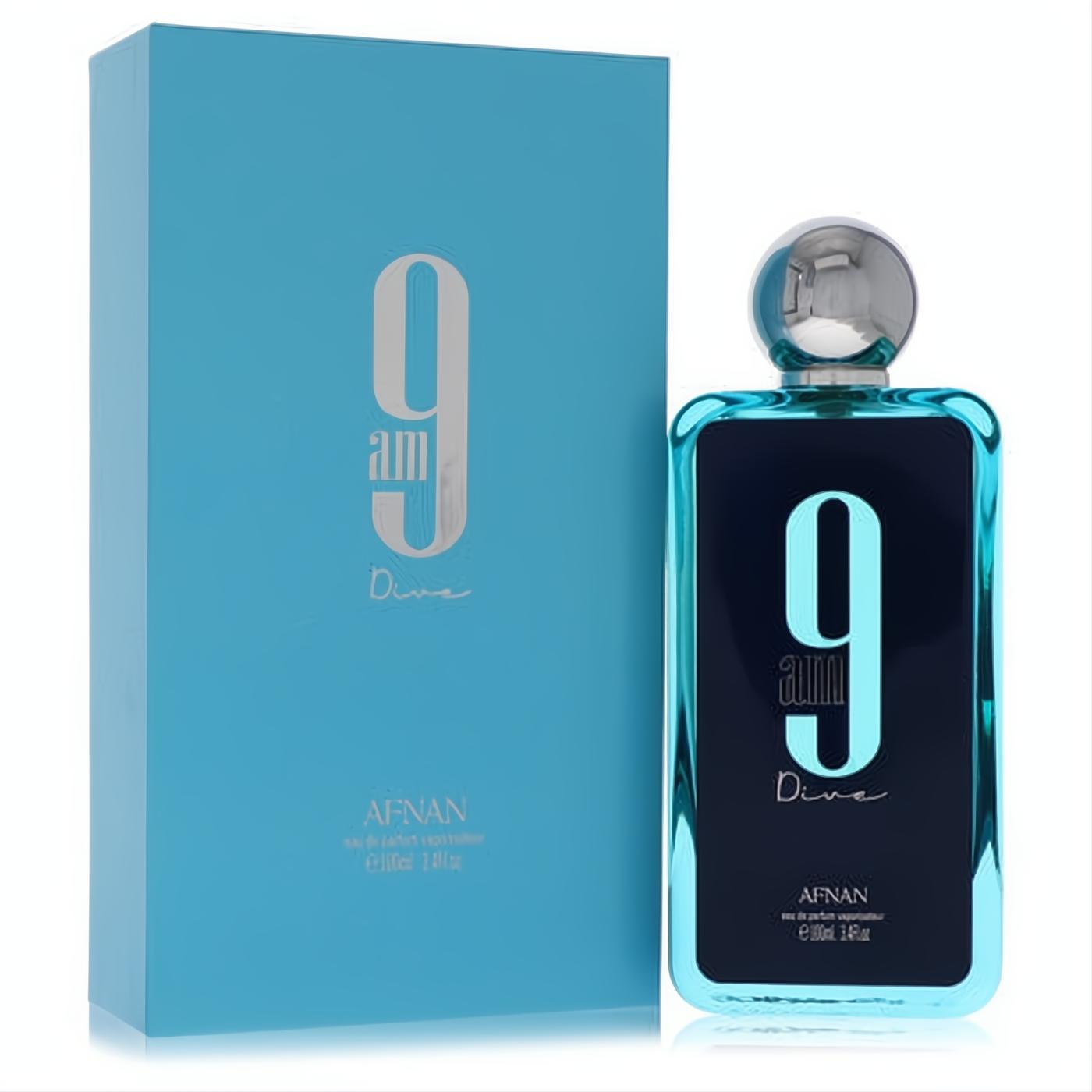 Experience Afnan 9Am Dive 3.4 oz unisex EDP. Sleek dark blue bottle with light blue trim, silver cap, and matching box.