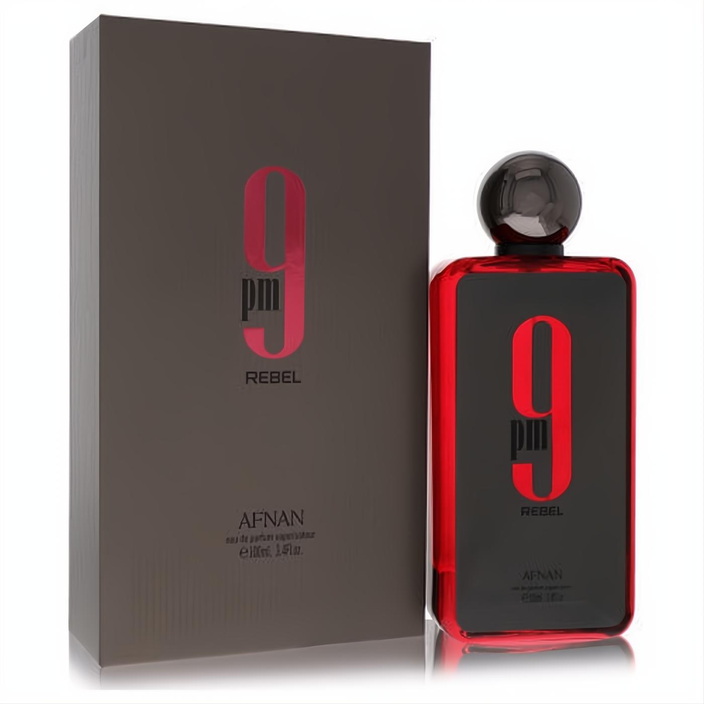 Afnan 9pm Rebel unisex 3.4 oz EDP fragrance. Bold black bottle with striking red '9 pm' design and matching box.