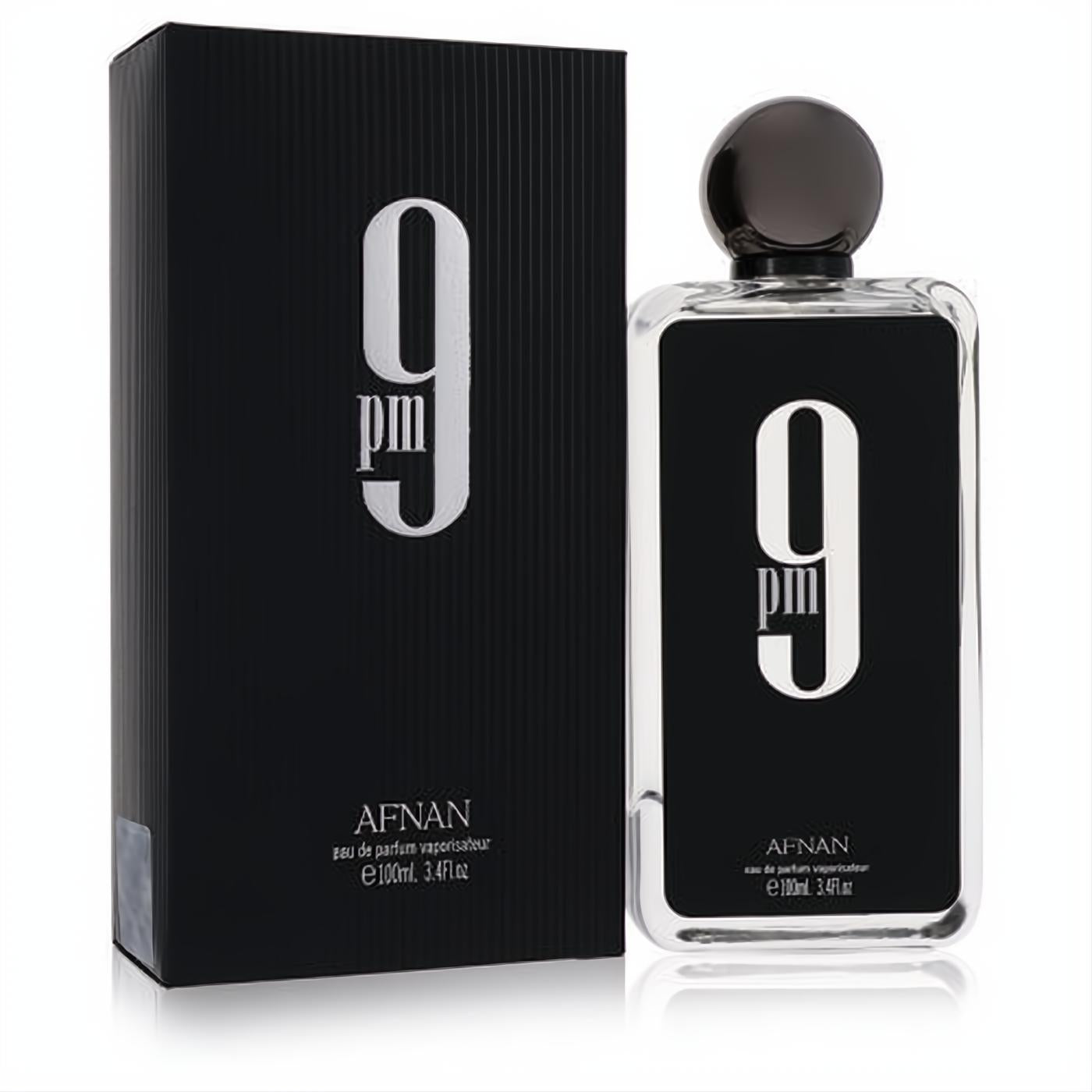 Afnan 9pm unisex eau de parfum, 3.4 oz. Sleek black box and clear glass bottle with a bold white "9 pm" design.