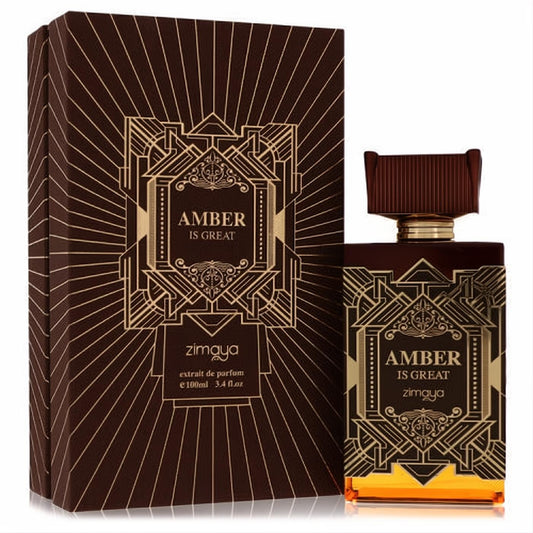 Luxurious Afnan Amber is Great 3.4 oz unisex extrait de parfum. Brown bottle & box with radiant gold art deco design.