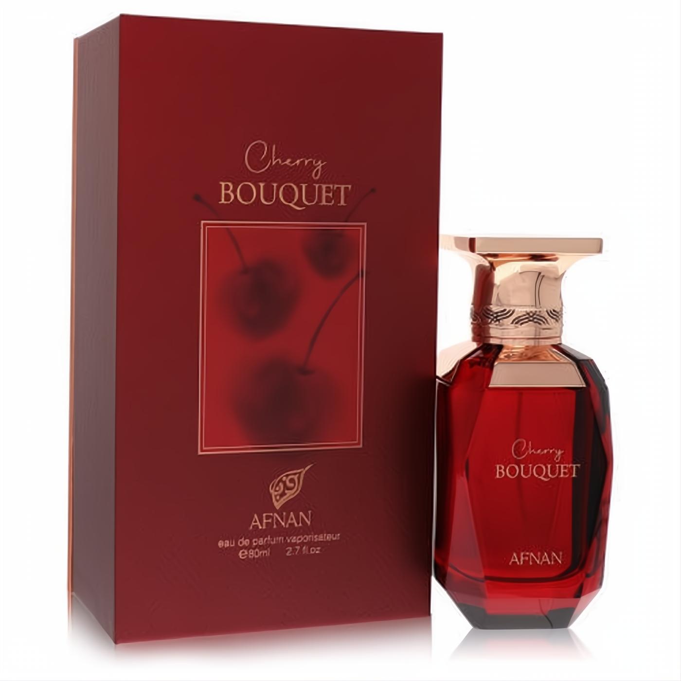 Afnan Cherry Bouquet 2.7 oz women's EDP in a luxurious deep red faceted bottle with an elegant rose gold cap, beside its matching box.