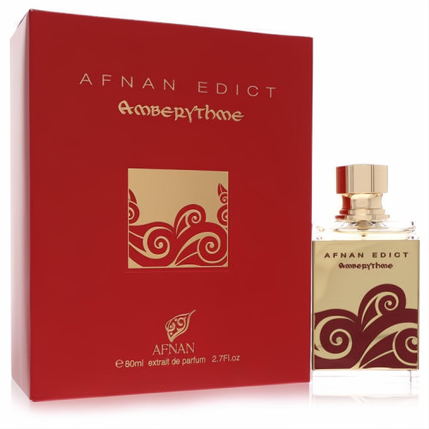 Elegant Afnan Edict Amberythme 2.7 oz extrait de parfum. Clear bottle, gold cap, ornate label. Vibrant red box with gold swirls.