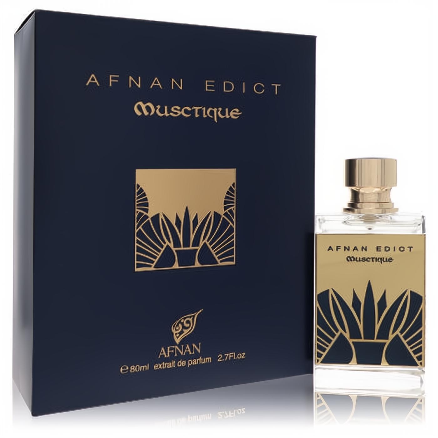 Afnan Edict Musctique 2.7 oz unisex extrait de parfum. Luxurious dark blue box, gold design, clear glass bottle, gold cap.