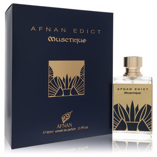Afnan Edict Musctique 2.7 oz unisex extrait de parfum. Luxurious dark blue box, gold design, clear glass bottle, gold cap.