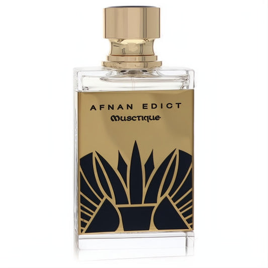 Afnan Edict Musctique 2.7 oz Extrait De Parfum spray. Clear glass bottle, elegant gold cap, and striking black abstract art deco label.