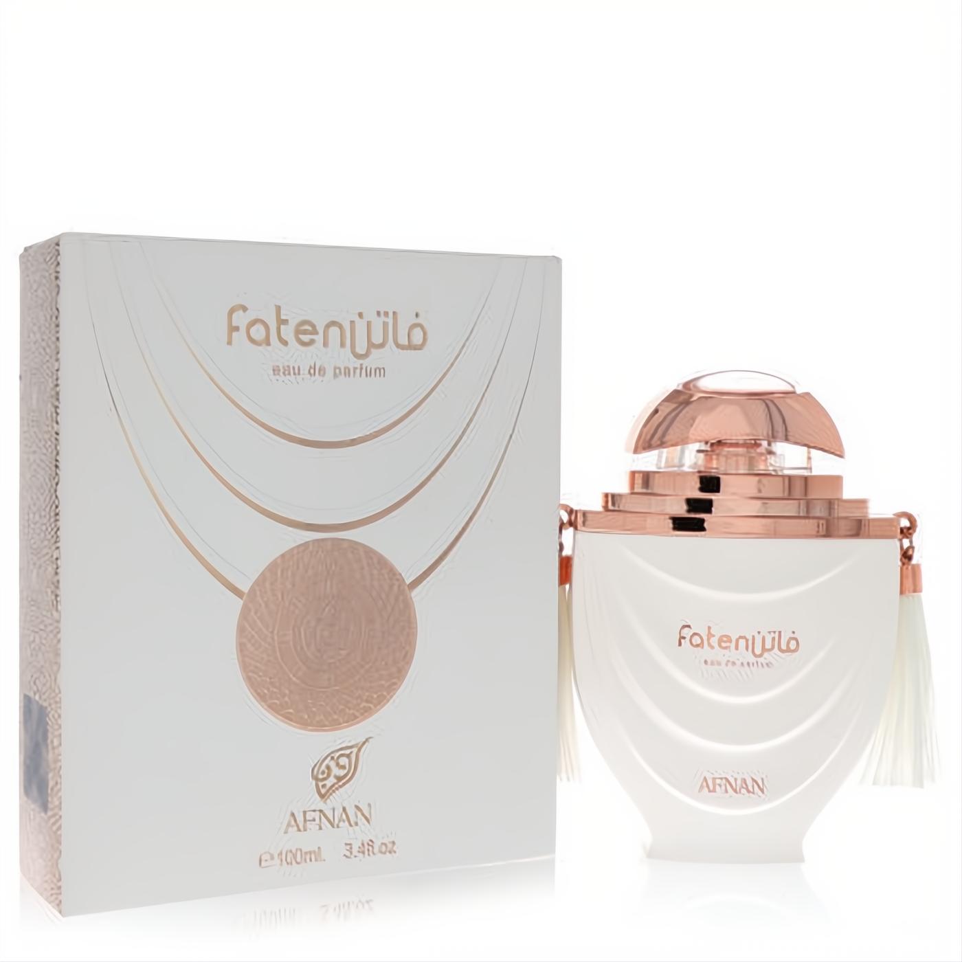 Luxurious Afnan Faten White 3.4 oz unisex Eau De Parfum. Distinctive white bottle with rose gold cap and elegant tassels.