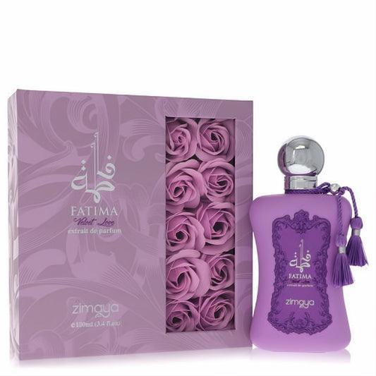 Afnan Fatima Velvet Love 3.4 oz purple perfume bottle with silver cap, tassel, and matching gift box featuring rose inserts.