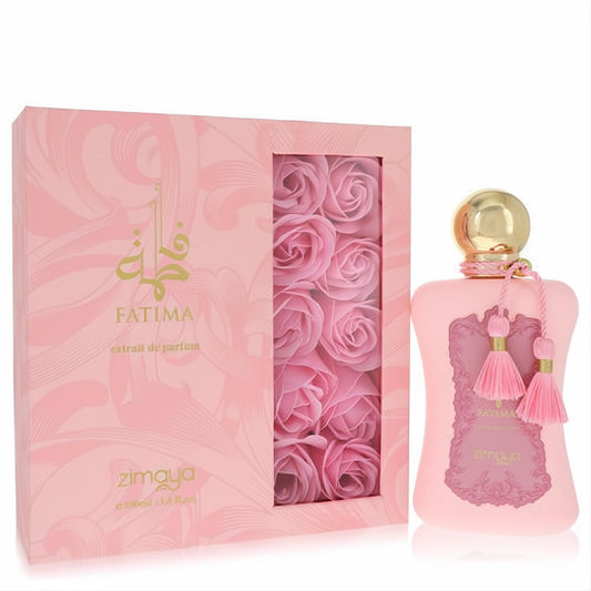 Afnan Fatima 3.4 oz Extrait De Parfum. Elegant pink gift set with decorative roses, matte pink bottle, gold cap, and chic pink tassels.