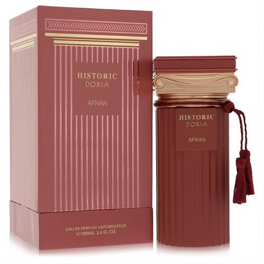 Experience Afnan Historic Doria 3.4 oz unisex EDP. Rich terracotta bottle, gold trim, and elegant tassel.