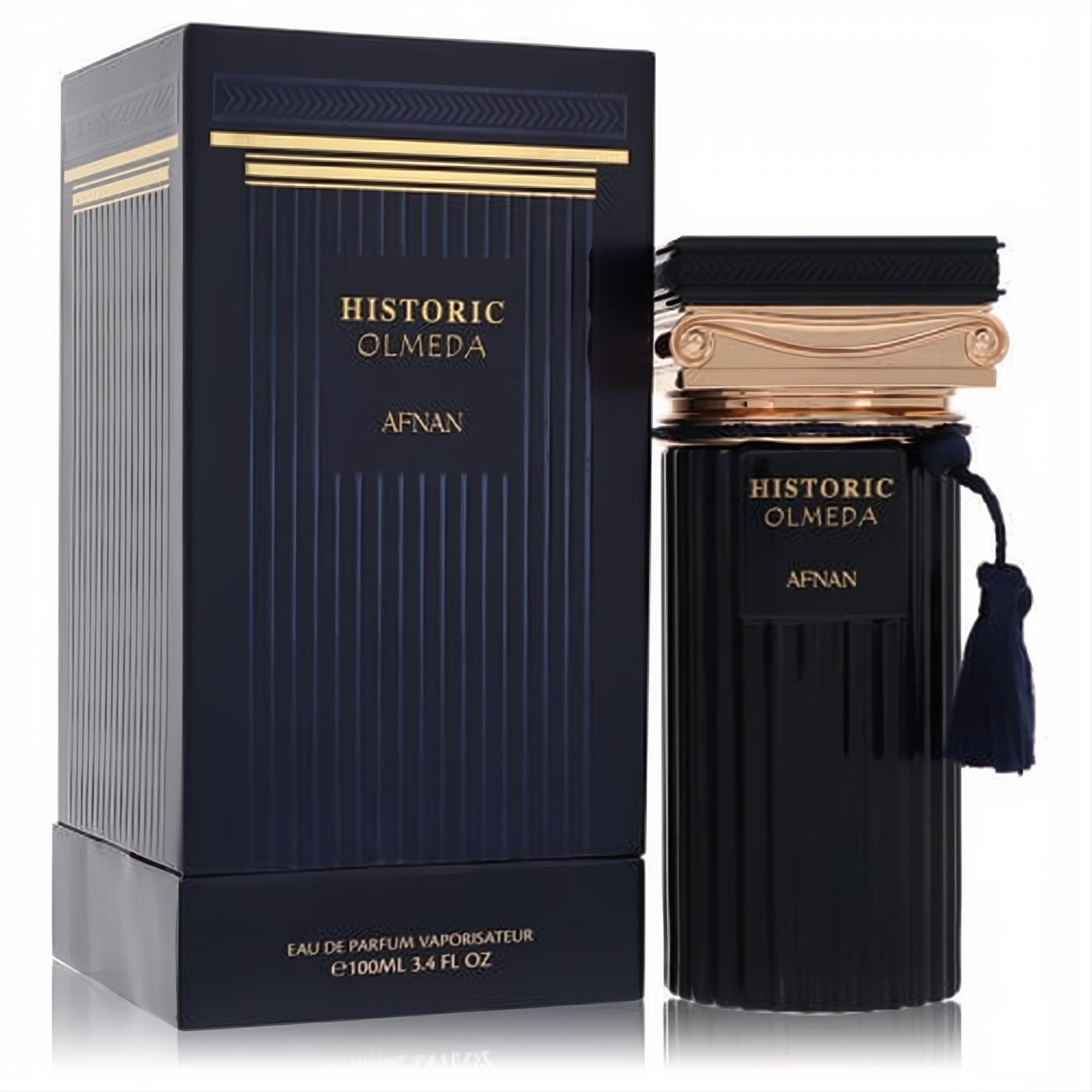 Experience Afnan Historic Olmeda 3.4 oz unisex EDP. Dark blue fluted bottle with gold cap, tassel, and matching elegant box.