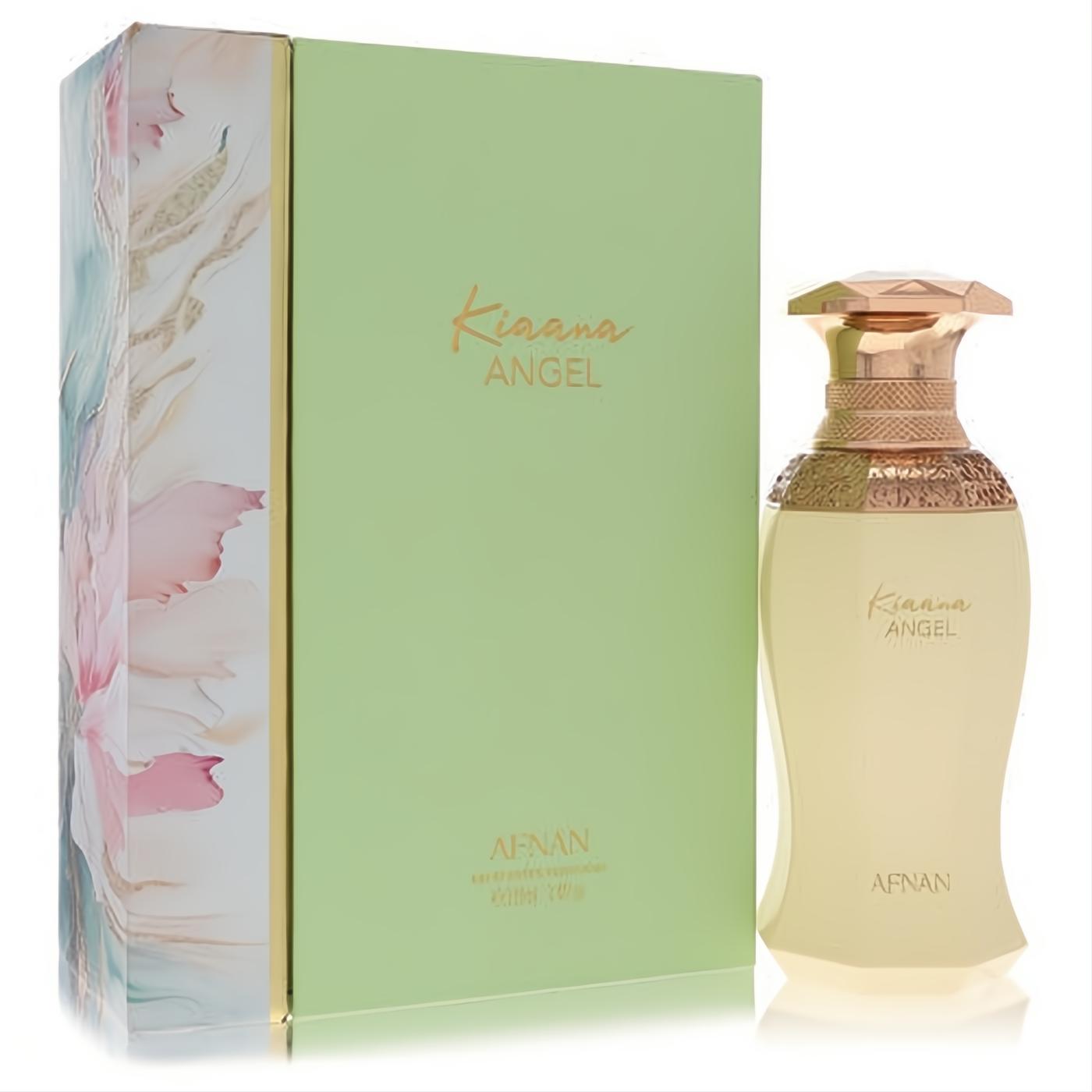 Elegant Afnan Kiaana Angel perfume set. Light green box with floral art and a luxurious cream bottle, accented with gold.