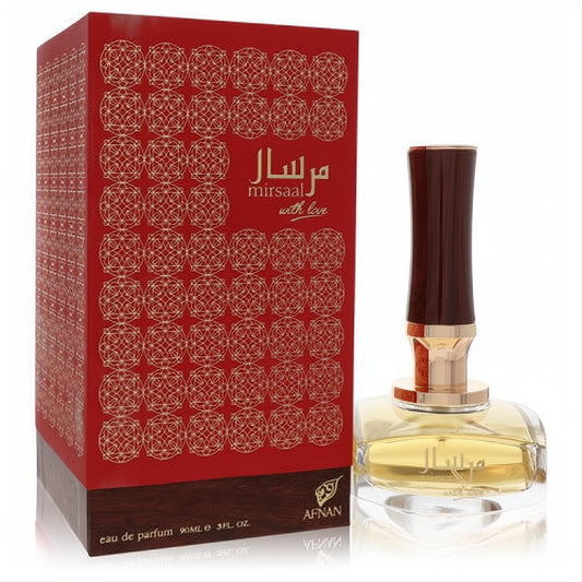 Elegant Afnan Mirsaal With Love 3 oz EDP spray. Clear glass bottle with gold accents, dark cap, beside a luxurious red and gold patterned box.