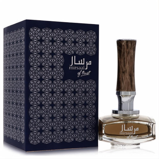 Afnan Mirsaal of Trust 3 oz EDP. Dark blue box with intricate silver pattern. Elegant bottle, amber liquid, unique wood-grain cap.