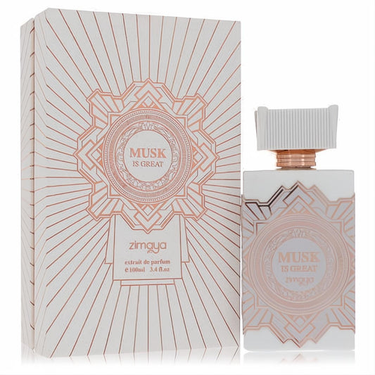 Afnan Musk is Great 3.4 oz unisex extrait de parfum. White bottle, rose gold geometric design, matching luxury box.