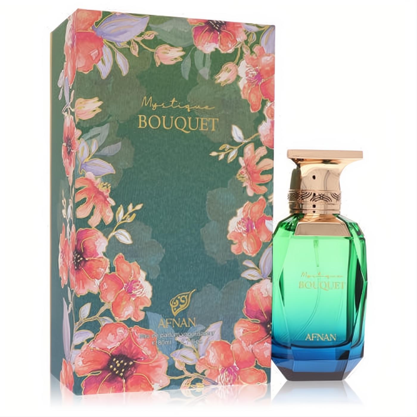 Afnan Mystique Bouquet women's 2.7 oz EDP. Elegant green-blue faceted bottle with gold cap and vibrant floral green box.