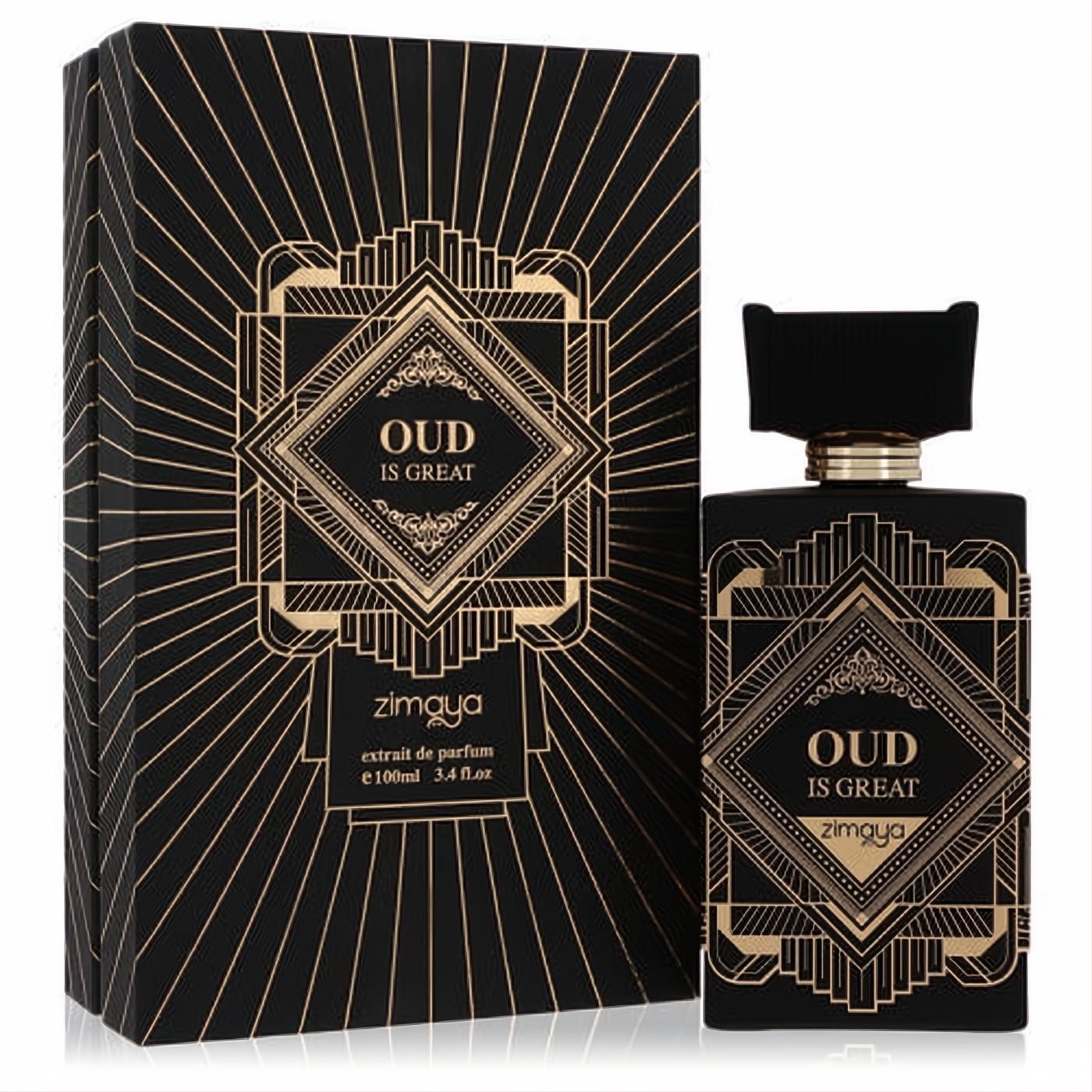Elegant Zimaya Oud Is Great 3.4 oz unisex EDP. Black bottle & box with stunning gold Art Deco design.