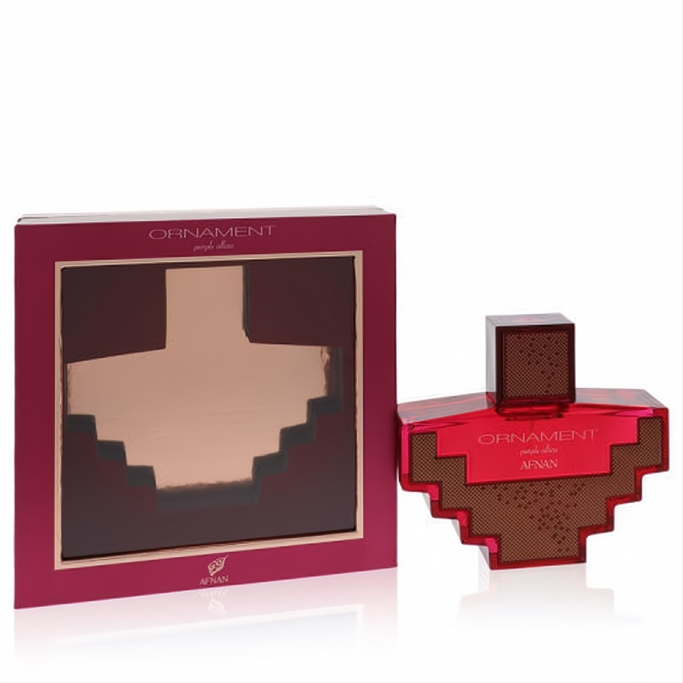 Afnan Ornament Purple Allure 3.4 oz EDP. Distinctive magenta geometric glass bottle, matching box with metallic rose gold design.