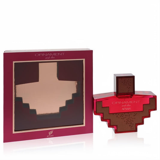Afnan Ornament Purple Allure 3.4 oz EDP. Distinctive magenta geometric glass bottle, matching box with metallic rose gold design.