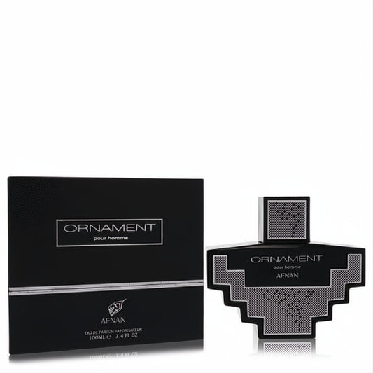 Experience Afnan Ornament 3.4 oz men's cologne in its bold black geometric bottle with a captivating silver pattern and sleek box.