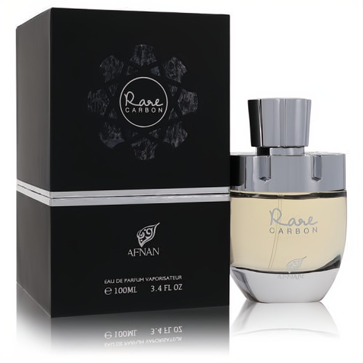 Afnan Rare Carbon 3.4 oz men's EDP. Sleek clear bottle with amber liquid, silver cap, and luxurious black box.