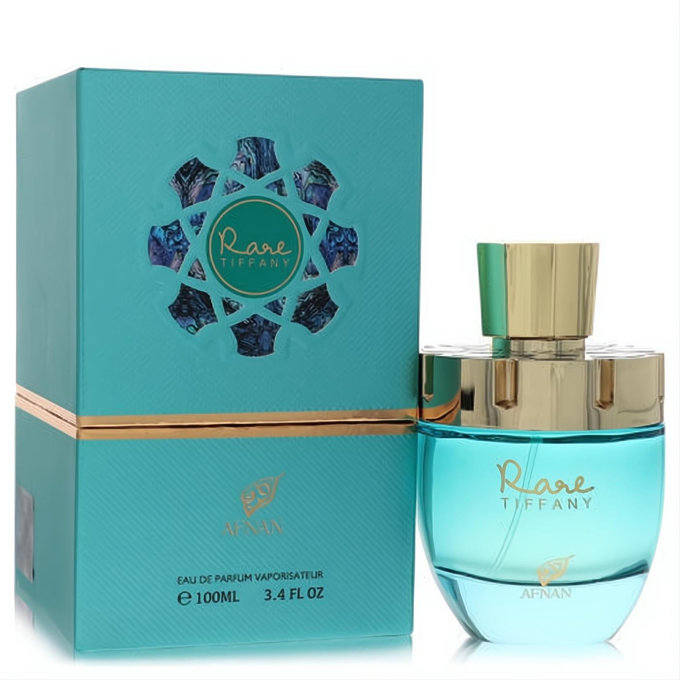 Afnan Rare Tiffany 3.4 oz EDP. Luxurious teal glass bottle with gold cap and elegant matching box featuring intricate design.