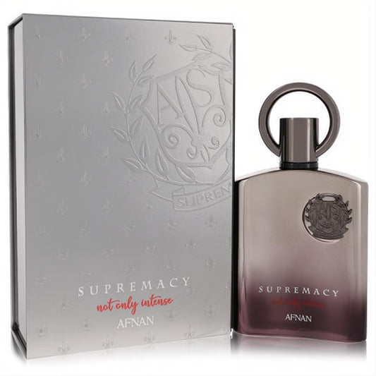 Afnan Supremacy Not Only Intense 3.4 oz. Elegant silver-to-burgundy bottle with ring cap and luxurious embossed silver box.