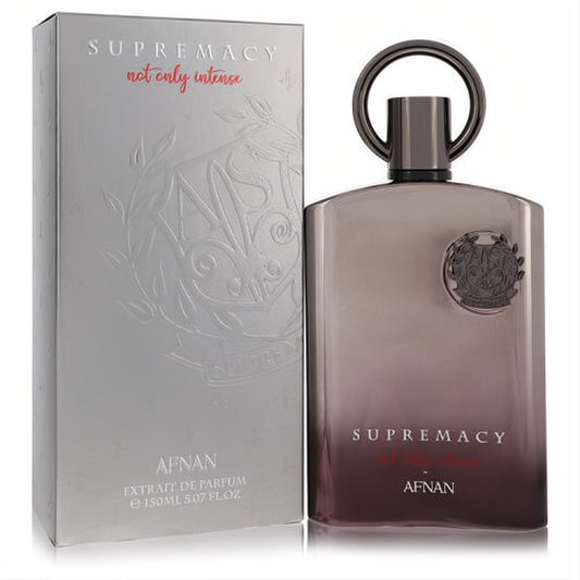 Afnan Supremacy Not Only Intense 5 oz extrait de parfum. Elegant grey-to-purple bottle with a unique ring cap, next to its luxurious silver embossed box.