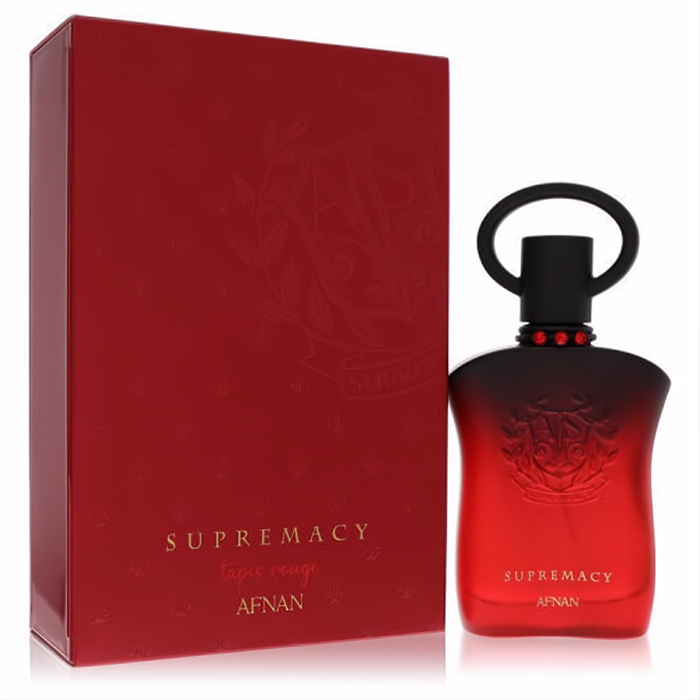 Afnan Supremacy Tapis Rouge 3 oz extrait de parfum. Striking red ombre glass bottle, black cap, gold accents, and matching embossed box.