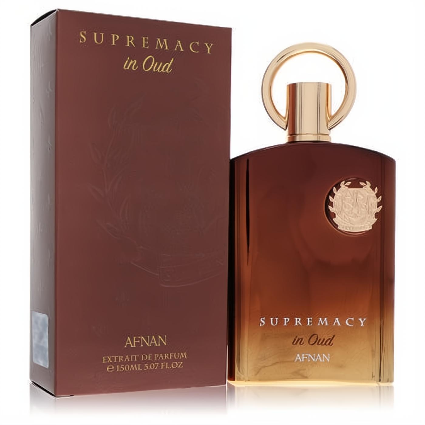 Afnan Supremacy in Oud 5 oz unisex EDP. Elegant dark amber gradient bottle, gold ring cap, and matching brown box.