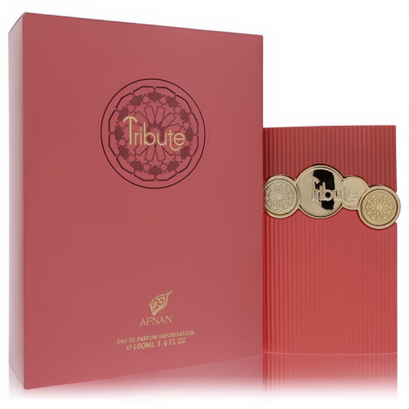 Luxurious Afnan Tribute Pink 3.4 oz EDP. Elegant ribbed rose-pink bottle with ornate gold accents and matching box.