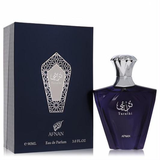 Elevate your style with Afnan Turathi Blue 3 oz EDP. Bold dark blue bottle, ornate silver cap, and matching box.