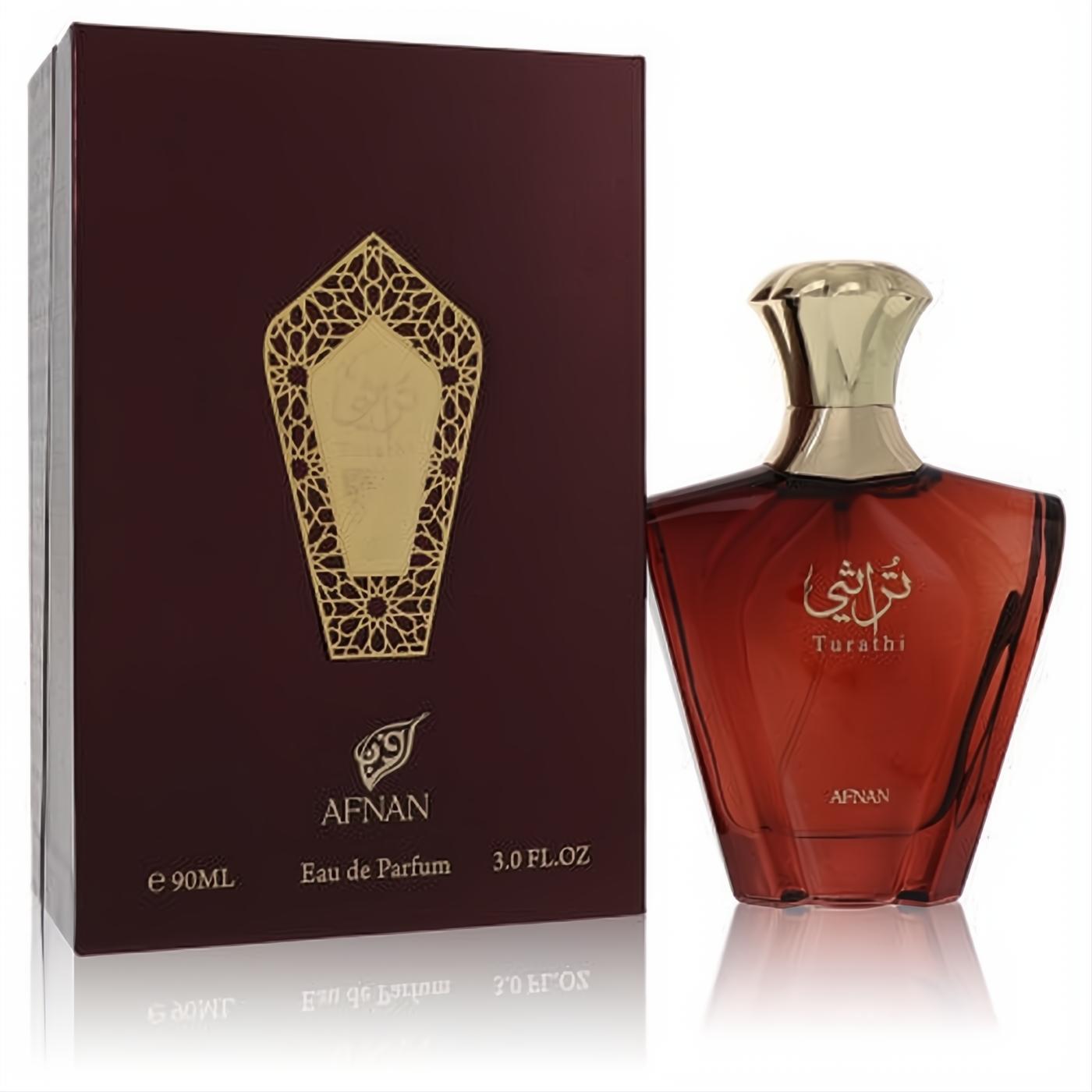 Afnan Turathi Brown 3 oz men's Eau de Parfum. Rich burgundy faceted bottle with gold cap and ornate matching box.