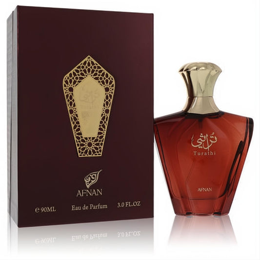 Afnan Turathi Brown 3 oz men's Eau de Parfum. Rich burgundy faceted bottle with gold cap and ornate matching box.