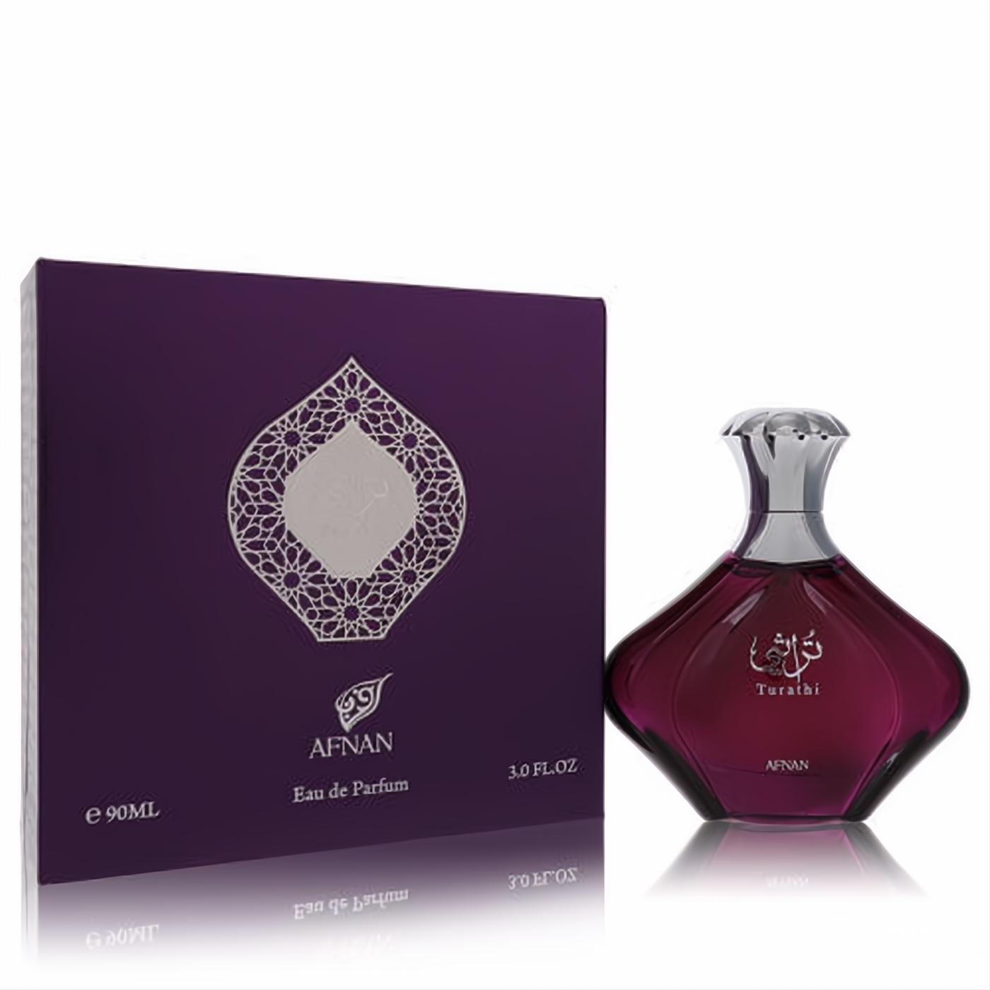 Afnan Turathi Purple 3 oz EDP spray in a captivating purple bottle with an ornate silver cap and matching decorative box.