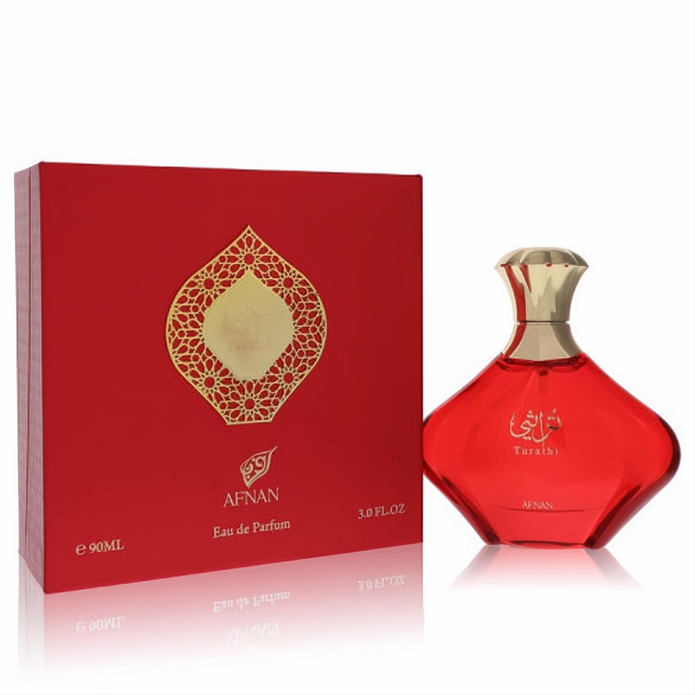Elegant Afnan Turathi Red 3 oz Eau de Parfum. A captivating red glass bottle with a gold cap, presented with its ornate red and gold box.