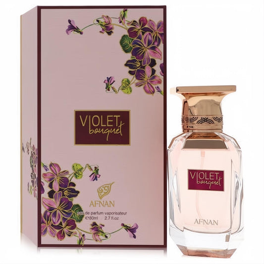 Afnan Violet Bouquet 2.7 oz EDP. Elegant clear bottle with rose gold cap, paired with a beautiful pink floral box.