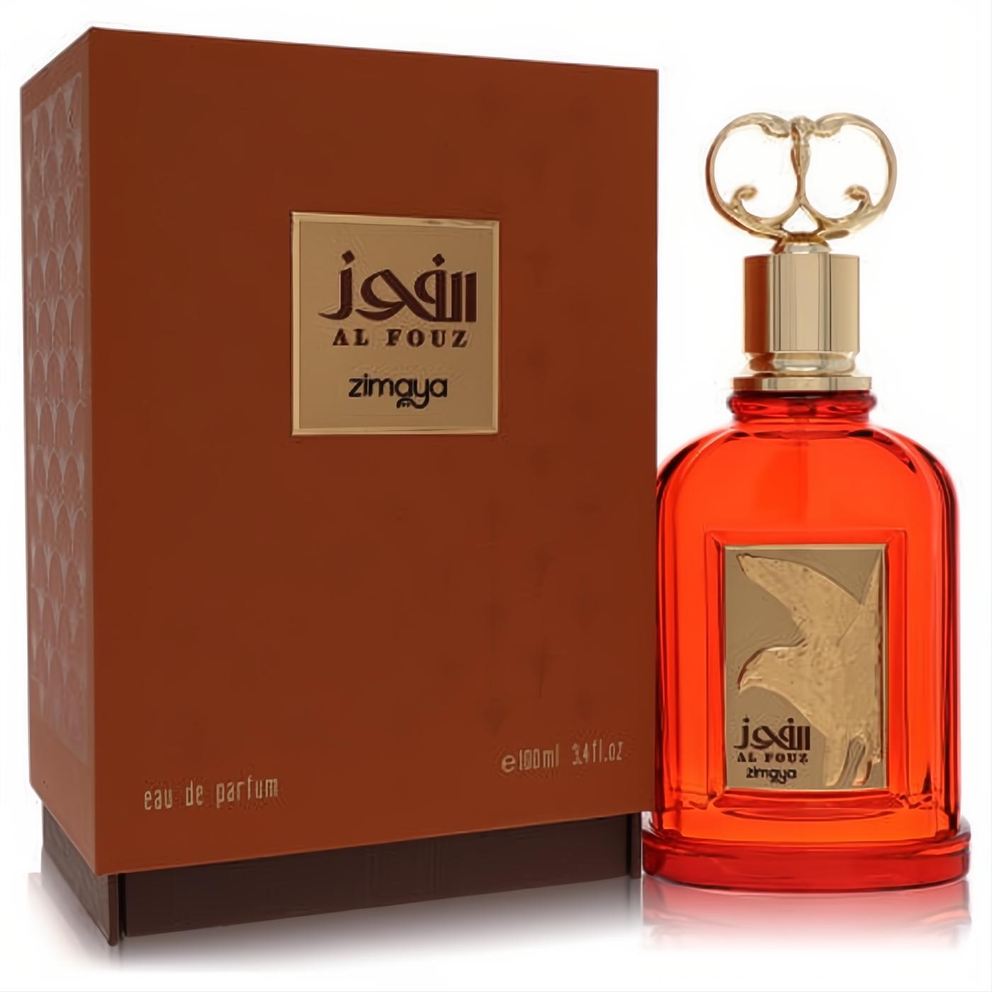 Afnan Zimaya Al Fouz 3.4 oz unisex EDP. Striking amber bottle with gold bird emblem, ornate cap, and matching brown box.