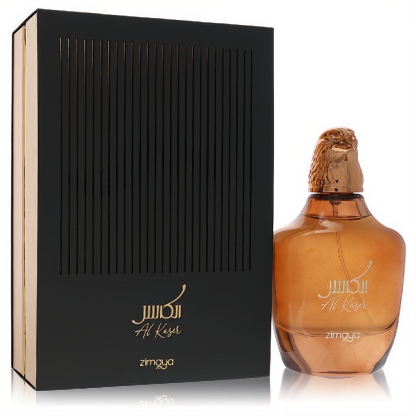 Exquisite Afnan Zimaya Al Kaser 3.4 oz unisex EDP. Amber bottle with a bold golden eagle cap, paired with a sleek black ridged box.