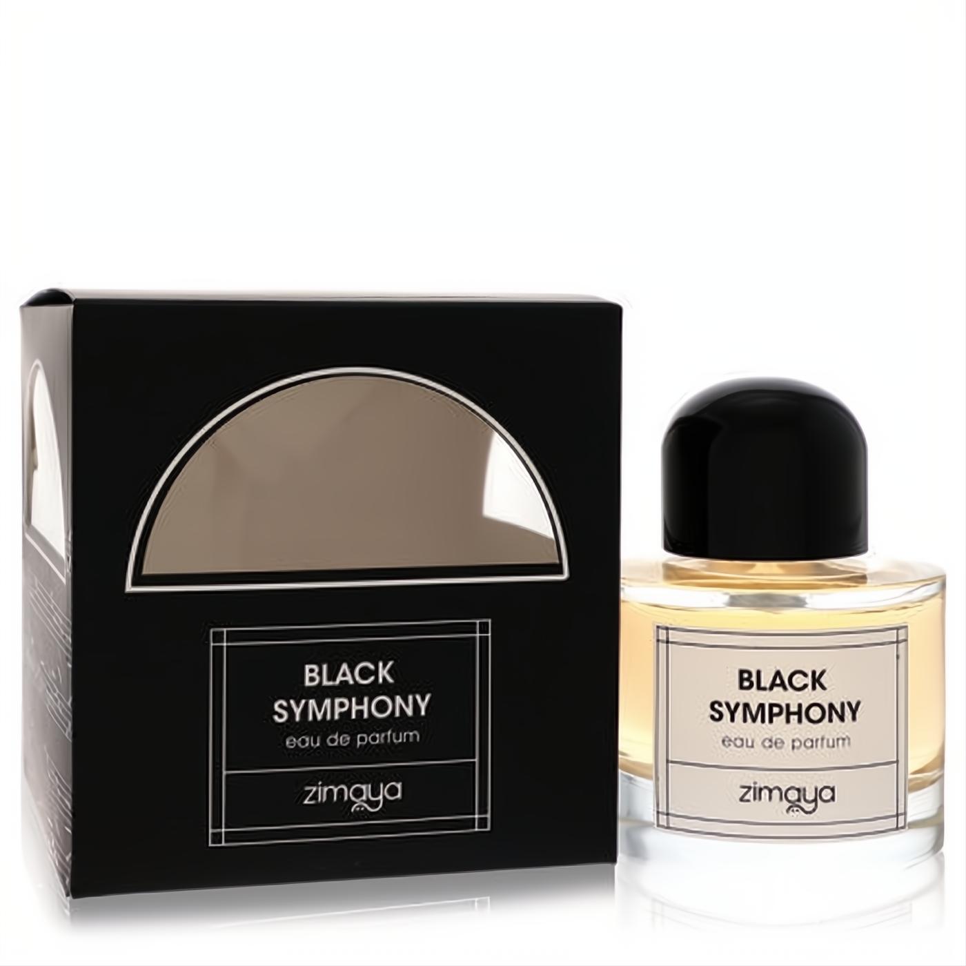 Afnan Zimaya Black Symphony 3.4 oz unisex EDP. Sleek black box, clear glass bottle with black cap, amber fragrance.