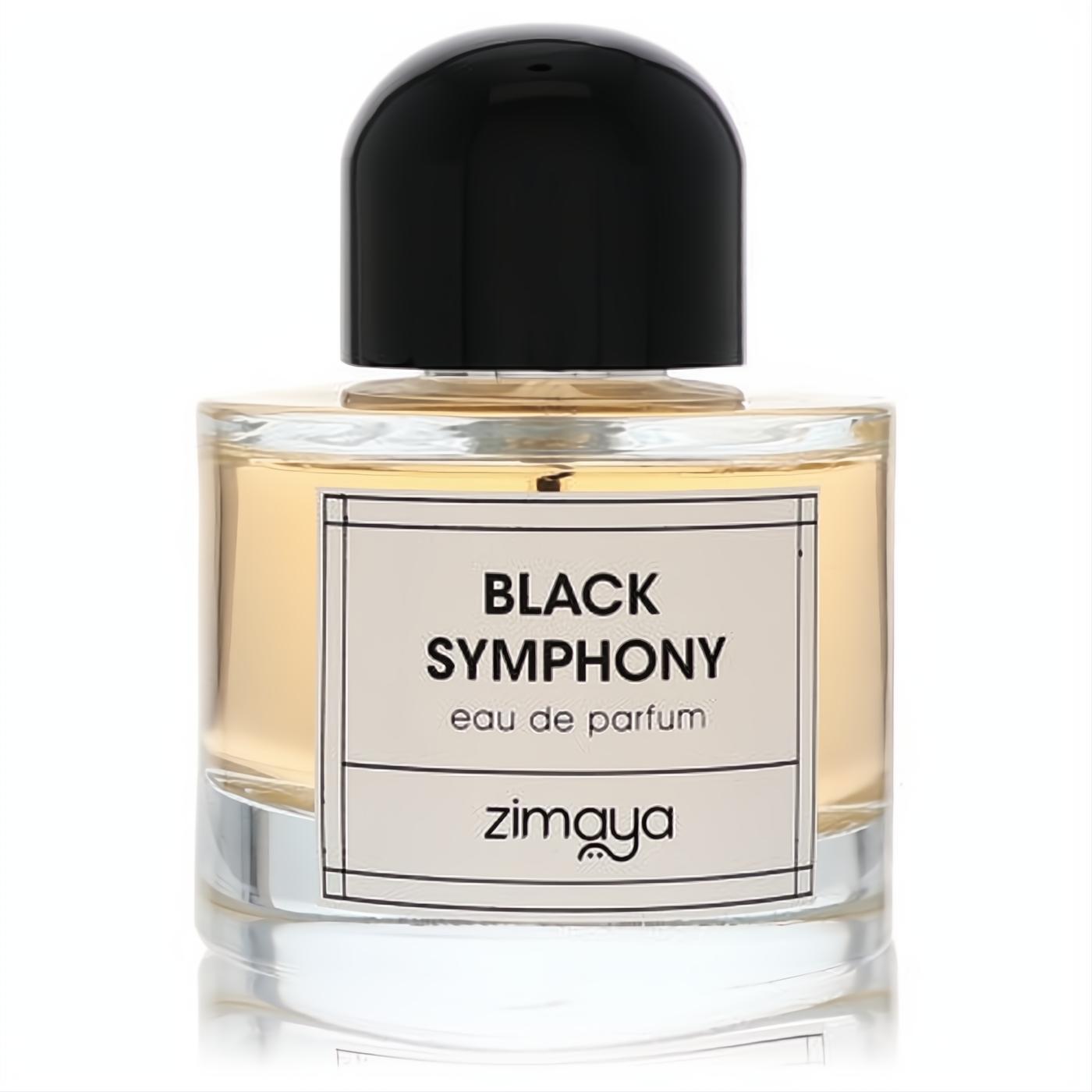 Captivating Afnan Zimaya Black Symphony 3.4 oz unisex eau de parfum. Clear glass bottle with a sleek black cap and golden amber liquid.