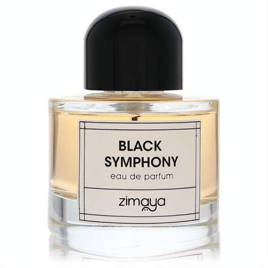 Captivating Afnan Zimaya Black Symphony 3.4 oz unisex eau de parfum. Clear glass bottle with a sleek black cap and golden amber liquid.